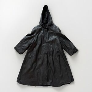 Vintage Confexpeli Genuine Leather Hooded Long Trench Coat Black Matrix Women 12